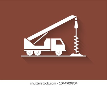 Auger Truck, Digger Derrick Silhouette. Buildings Background Flat Logo, Digging Process Illustrating, Building Logo Icon. Flat Style.
