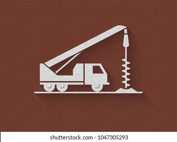 Auger Truck, Digger Derrick Silhouette. Buildings Background Flat Logo, Digging Process Illustrating, Building Logo Icon. Flat Style. Craft Textured. Paper Art Style.
