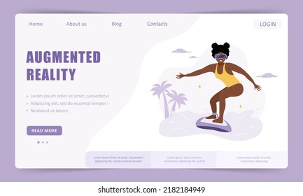 Augment reality landing page template. African woman in VR glasses surfing on waves. Metaverse or Cyberspace concept. Modern technology entertainment. Vector illustration in flat cartoon style.