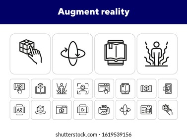 Augment reality line icon set. Holographic human, face id, book reader. Modern technology concept. Can be used for topics like 3d technology, simulation, virtual reality