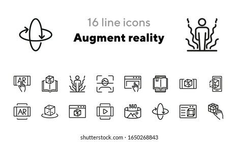 Augment reality line icon set. Holographic human, face id, book reader. Modern technology concept. Can be used for topics like 3d technology, simulation, virtual reality