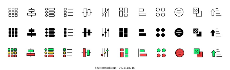 Augment set icons. Icon Settings. Linear, silhouette and flat styles. Vector icons.