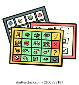Augmentative and Alternative Communication (AAC) illustration featuring communication boards, symbols, and assistive technology tools that support individuals with speech and language challenges