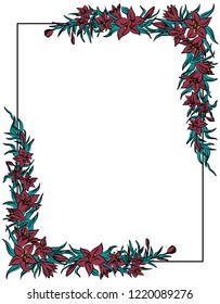 Augmented angular colorful vector floral frame of lilies and foliage