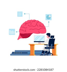 augmented brain artificial intelligence thinking interactive with engineer programming from desk automation flat illustration