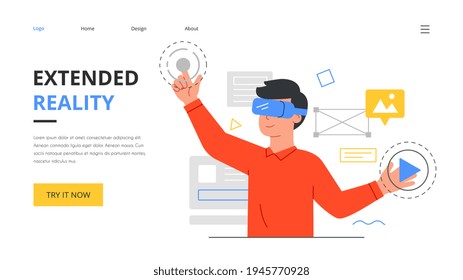 Augmented or extended reality abstract concept. Man wearing 3d goggles or headset to work in a business application. Flat cartoon vector illustration. Website web page, landing page template