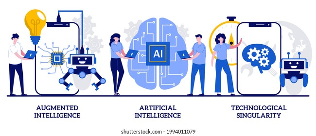 Augmented Intelligence, Artificial Cognitive Robotics, Technological Singularity Concept With Tiny People. Cutting Edge Technology Vector Illustration Set. High Tech, Machine Learning Metaphor.