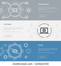 Augmented reality 3 horizontal webpage banners template with Visualization, Software, Eyetap concept icons. Flat modern isolated icon illustration.