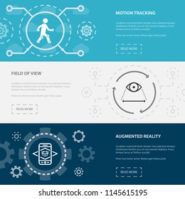 Augmented reality 3 horizontal webpage banners template with Motion tracking, Field of view, Augmented reality concept icons. Flat modern isolated icon illustration.
