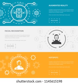 Augmented reality 3 horizontal webpage banners template with Augmented reality, Facial Recognition, Hotspots concept icons. Flat modern isolated icon illustration.