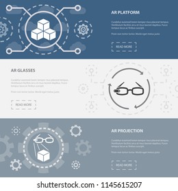 Augmented reality 3 horizontal webpage banners template with AR platform, AR glasses, AR projection concept icons. Flat modern isolated icon illustration.