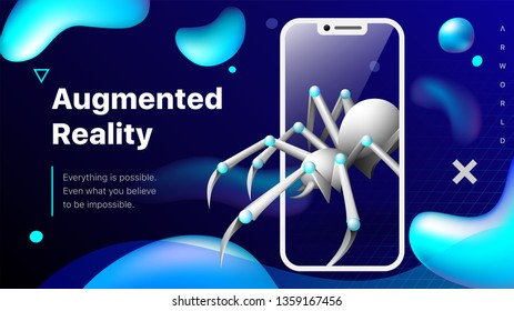Augmented reality 3d vector illustration concept. A big white mechanic spider  come to the real world from a virtual mobile application