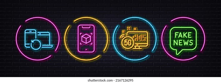 Augmented reality, 5g internet and Recovery devices minimal line icons. Neon laser 3d lights. Fake news icons. For web, application, printing. Phone simulation, Wifi connection, Backup data. Vector
