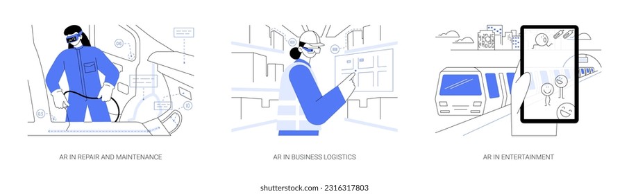 Augmented reality abstract concept vector illustration set. AR in repair and maintenance, wearing AR glasses in warehouses, business logistics, VR game, entertainment technology abstract metaphor.