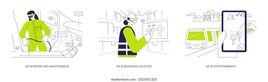 Augmented reality abstract concept vector illustration set. AR in repair and maintenance, wearing AR glasses in warehouses, business logistics, VR game, entertainment technology abstract metaphor.