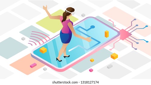Augmented reality in abstract urban cyberspace with female using VR goggles and navigating route on the map. Mobile device with online app, modern technology concept, isometric vector illustration.