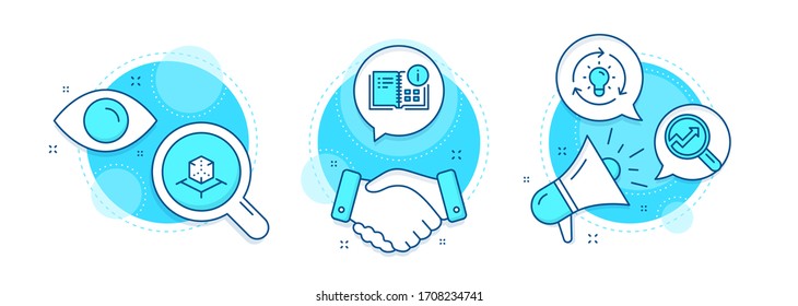 Augmented reality, Analytics and Instruction info line icons set. Handshake deal, research and promotion complex icons. Idea sign. Virtual reality, Audit analysis, Project. Lightbulb. Vector