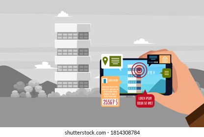 Augmented reality app interface on phone - real estate price and data application interface. Hand holding smartphone with AR looking at building, flat vector illustration.