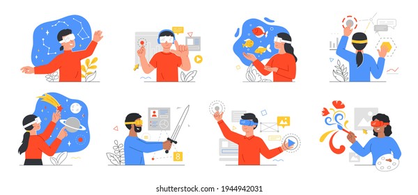 Augmented reality application designs with people wearing 3d goggles or headsets in virtual surroundings or using virtual screens for business, set of flat cartoon outline colored vector illustration