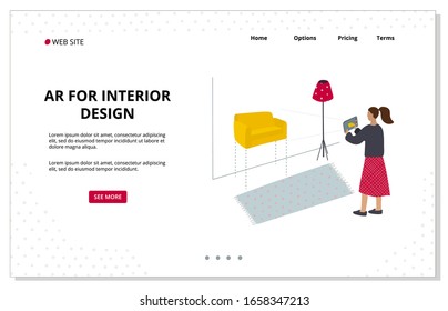 Augmented Reality Application For Interior Furniture Shopping Chose Sofa In Apartment. Landing Web Site Template. Flat Vector Illustration People For Modern Technology Usability Project Page Promotion