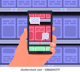 Augmented reality application for purchases. Hand with a smartphone on the background of shelves in the store. Vector illustration