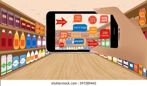 Aplicación de realidad aumentada para el concepto de negocio minorista.Realidad aumentada en smartphone. Aplicaciones que escanean, en supermercado, productos de descuento, alertas de venta, bajas calorías.