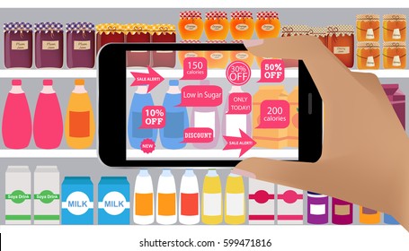 Augmented reality application for retail business concept. Augmented Reality on smartphone. Applications that scan, in supermarket, discount products, sale alert, low calories.