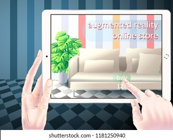 Augmented reality application of smartphone that lets you place virtual furniture to your real home before buying. Man holding smart phone in hand horizontally.