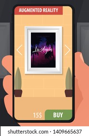 Augmented reality application of smartphone that lets you place virtual objects before buying. Man holding smart phone in hand