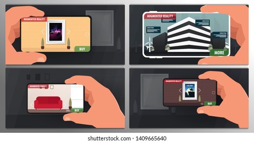 Augmented reality application of smartphone that lets you place virtual objects before buying. Man holding smart phone in hand
