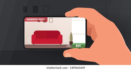 Augmented reality application of smartphone that lets you place virtual objects before buying. Man holding smart phone in hand