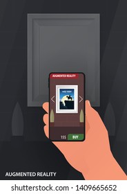 Augmented reality application of smartphone that lets you place virtual objects before buying. Man holding smart phone in hand