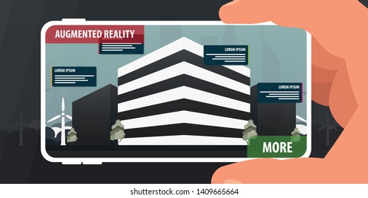 Augmented reality application of smartphone that lets you place virtual objects before buying. Man holding smart phone in hand