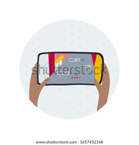 Augmented Reality application for tourist. Peoples hands using app to search city places. Round circle sticker flat vector illustration for modern technology project for future map gadget presentation