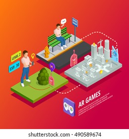 Augmented reality apps and games computer entertainment technology isometric ar poster with different levels experience vector illustration 