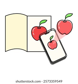 Augmented Reality (AR) application concept. Smartphone scans an image of an Apple book. A 3D Apple appears on the screen. Ideal for education, entertainment and marketing.