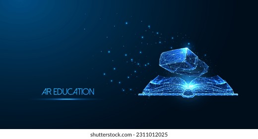 Augmented reality AR, immersive learning, future education futuristic concept with open book and VR glasses in glowing low polygonal style on dark blue background. Abstract design vector illustration.