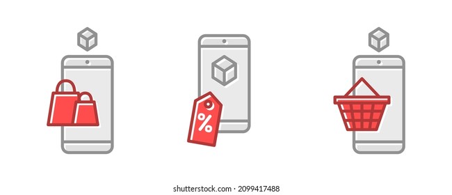 Augmented Reality AR Shop Icon Set, Mobile Shopping Online Markt, bestellen Produkte von zu Hause mit Smartphone-Konzept, einzeln auf weißem Hintergrund.