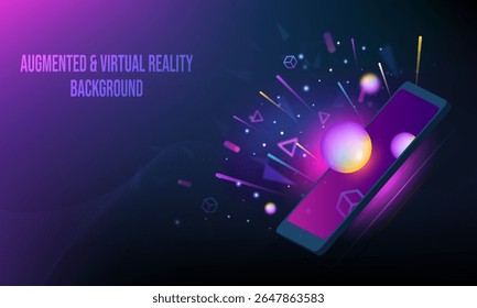 AR de Realidade Aumentada e desenvolvimento e design de realidade virtual VR para mídia digital, incluindo aplicativos móveis e da Web. Adequado para tecnologia de inovação usando telefone abstrato e visuais geométricos.