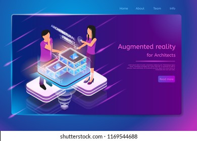Augmented Reality for Architects Isometric Web Banner with Man and Woman Working with House or Public Building Virtual Project. Innovative Architectural Company Internet Site Template with Hyperlinks