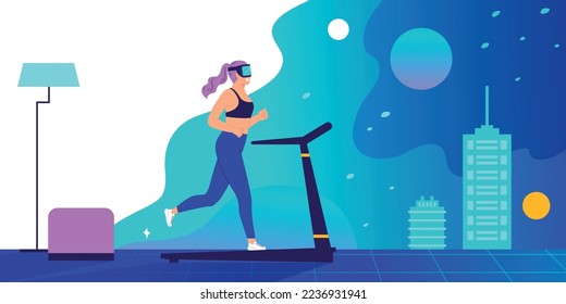 Augmented reality background with girl in VR glasses connected to virtual space flat vector illustration