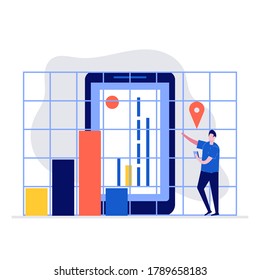 Augmented reality for banking with characters. Modern vector illustration in flat style for landing page, mobile app, poster, flyer, template, web banner, infographics, 