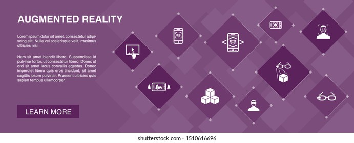 Augmented reality banner 10 icons concept.Facial Recognition, AR app, AR game, Virtual Reality icons