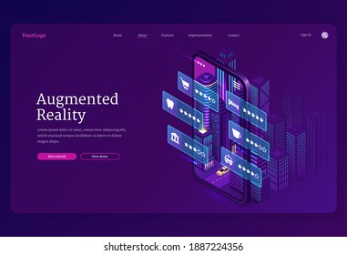 Augmented reality banner. AR technologies, smart app for mobile phone with virtual infographic. Vector landing page with isometric city and smartphone with icons of urban infrastructure