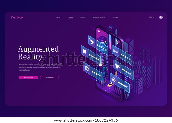 Augmented\
reality banner. AR technologies, smart app for mobile phone with\
virtual infographic. Vector landing page with isometric city and\
smartphone with icons of urban\
infrastructure