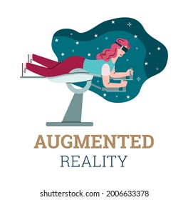 Augmented Reality Banner Or Card With Woman Using VR Flight Simulator, Cartoon Vector Illustration. Virtual Computer Games And Entertainment Industry Concept.