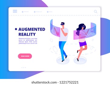 Augmented reality banner. People with headset and vr glasses gaming in virtual reality. Futuristic technology vector concept