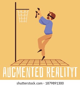 Augmented reality basketball game - cartoon man in VR glasses holding virtual reality controllers dunking invisible ball into basket, vector illustration.