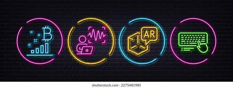 Augmented reality, Bitcoin graph and Voice wave minimal line icons. Neon laser 3d lights. Computer keyboard icons. For web, application, printing. Vector