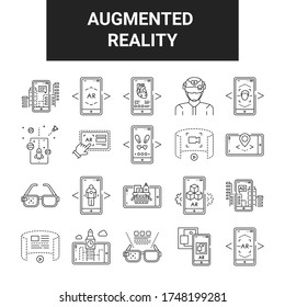 Augmented reality black line icons set. Digital technology. Pictogram for web page, mobile app, promo. UI UX GUI design element.